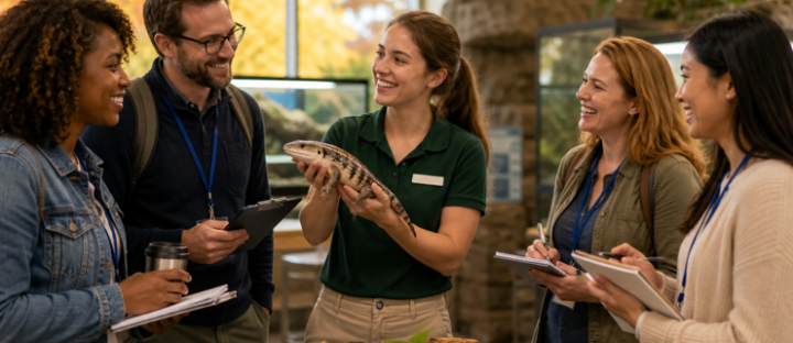 zookeeper holding an animal in a presentation